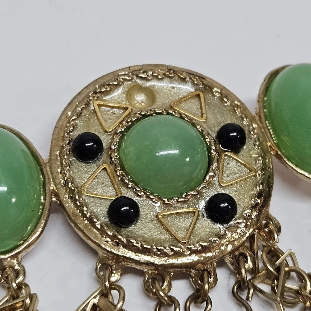 VINTAGE Unique Faux Jade Dangle Gold Tone Large Brooch Pin